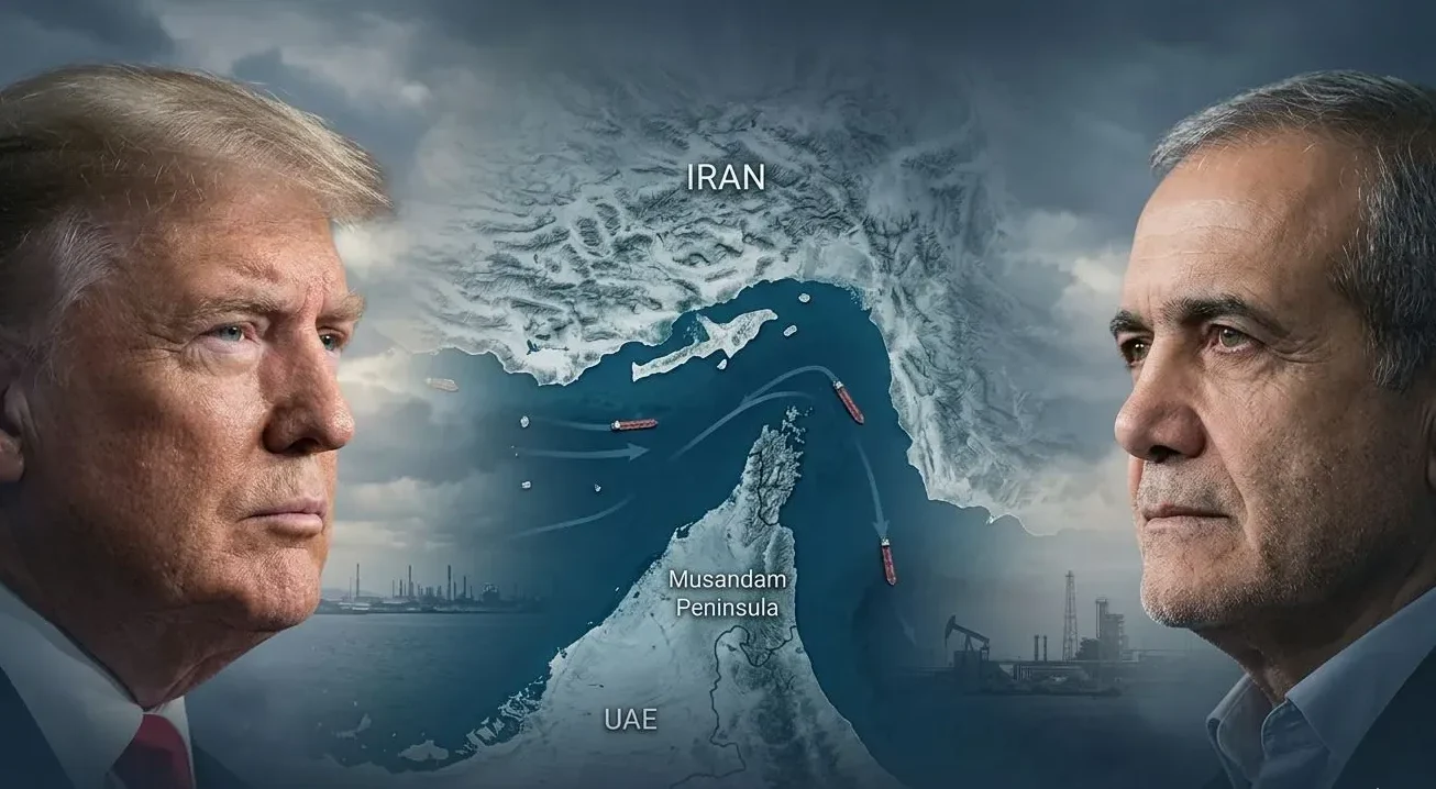 Donald Trump i iranski dužnosnik gledaju prema mapi Hormuškog moreuza sa iscrtanim pomorskim rutama i tankererima.