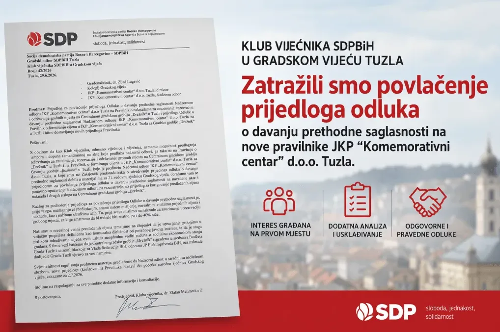 Klub vijećnika SDPBiH u Gradskom vijeću Tuzla tražio je povlačenje prijedloga odluka o davanju prethodne saglasnosti na nove pravilnike JKP "Komenorativni centar" d.o.o. Tuzla.