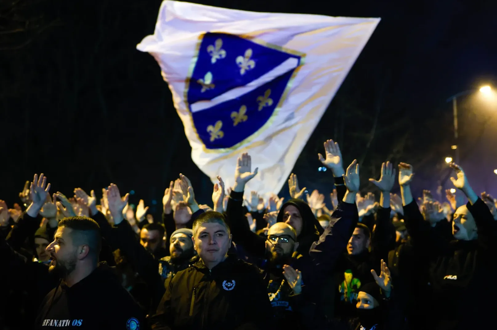 Grupa ljudi podiže ruke u zrak ispred velike zastave Bosne i Hercegovine.
