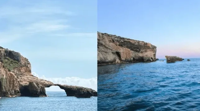 Pogled na stjenoviti dio obale sa prirodnim kamenim lukom iznad mora, na lijevoj strani slike. Desna strana prikazuje sličan stjenoviti teren uz obalu mora.