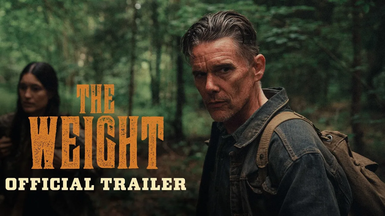 Ethan Hawke sa rancem na leđima i druga osoba u pozadini u šumi, tekst 'THE WEIGHT OFFICIAL TRAILER'.