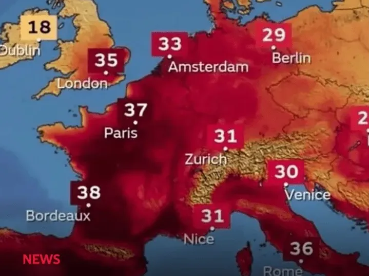 Toplotna karta Evrope sa prikazanim temperaturama u gradovima poput Londona (35°C), Pariza (37°C), Amsterdama (33°C), Berlina (29°C), Züricha (31°C), Nice (31°C), Venecije (30°C), Rima (36°C), Bordoa (38°C) i Dablina (18°C). Boje karte pokazuju stepen zagrijanosti, sa crvenim i tamnim nijansama koje ukazuju na visoke temperature.