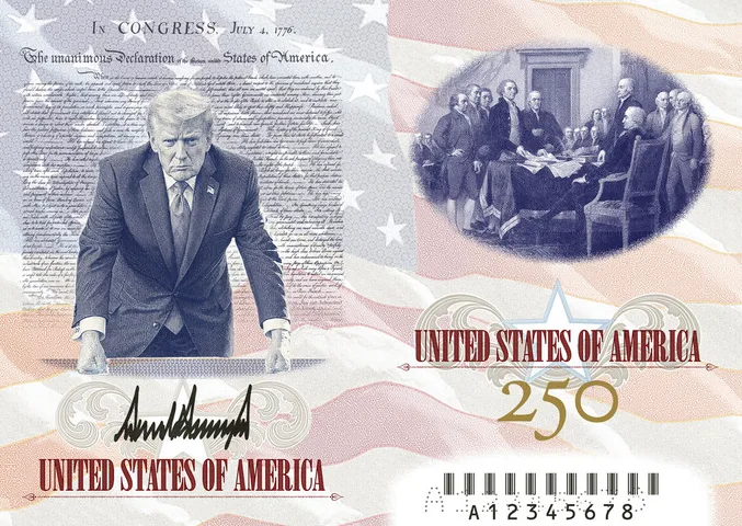 Donald Trump stoji ispred teksta Deklaracije nezavisnosti SAD-a, sa potpisom i grbom Sjedinjenih Američkih Država.