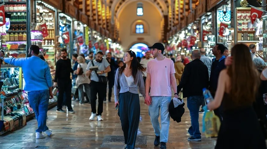Par mladih ljudi koji se drže za ruke i hodaju kroz prometnu tržnicu, okruženi drugim kupcima i štandovima sa proizvodima.