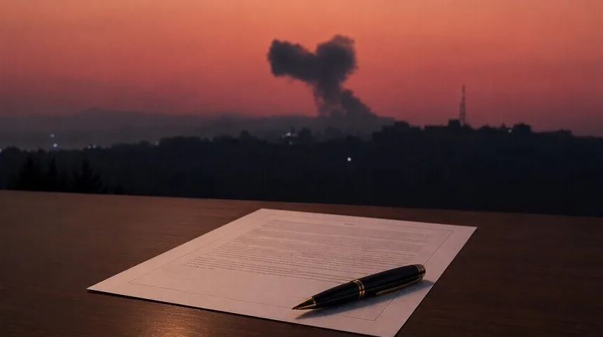 Dokument s olovkom na stolu ispred scene sa dimnim oblakom u obliku srca pri zalasku sunca.