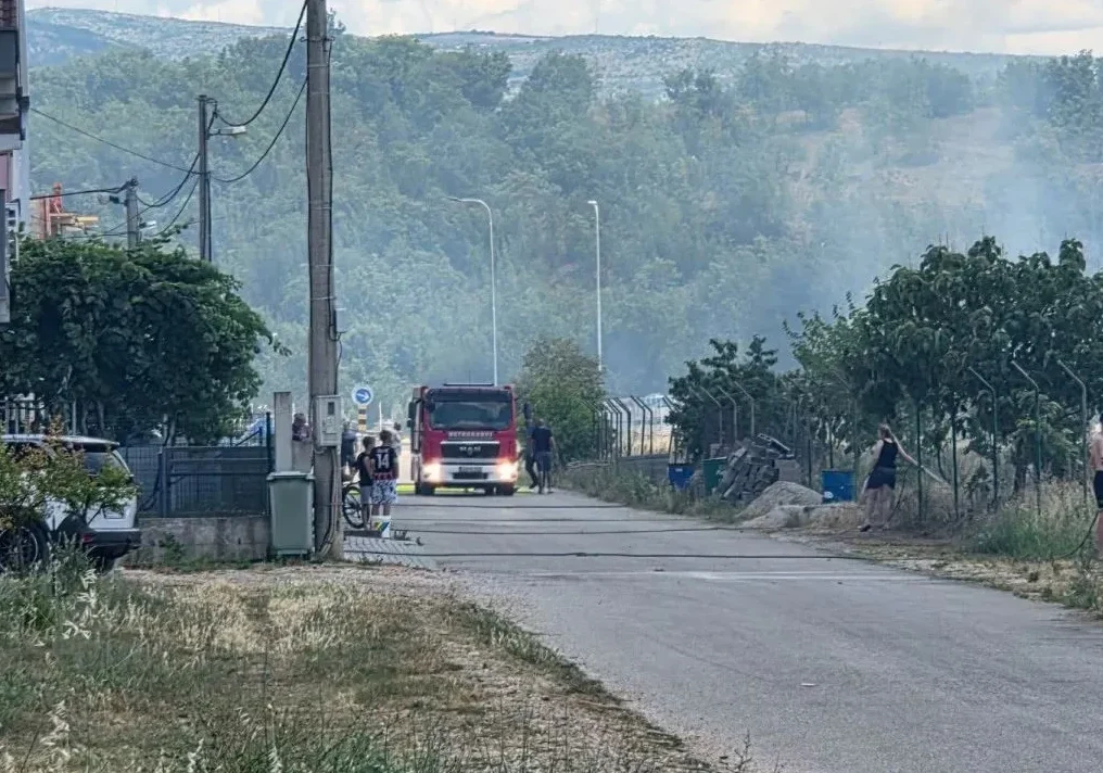 Vatrogasno vozilo u pokretu, pored njega stoje djeca i bicikl. U pozadini se vidi dim i brežuljkasti teren prekriven rastinjem.