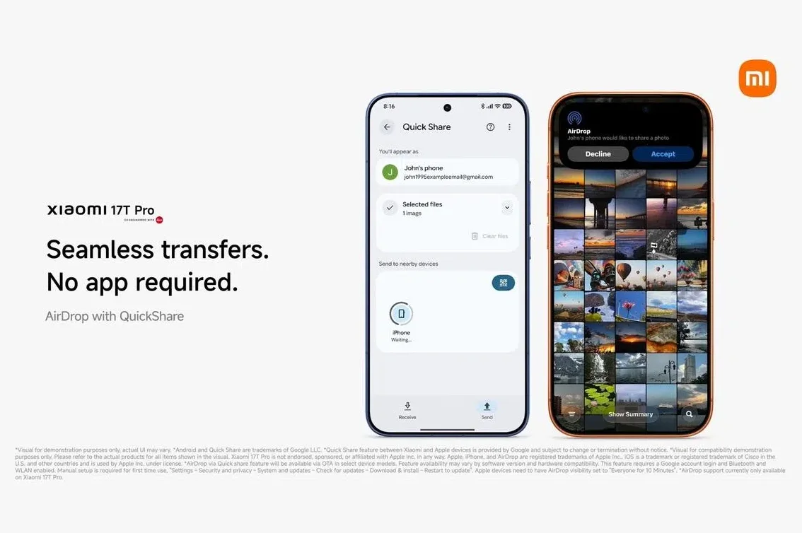 Ilustracija Xiaomi 17T Pro sa prikazanim interfejsom Quick Share aplikacije koja omogućava bežični prijenos podataka, uporedo sa iPhone uređajem koji prikazuje AirDrop opciju za prijem.