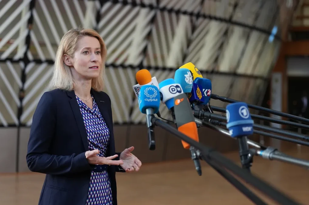 Žena sa plavom kosom u tamnom sakou govori u brojne mikrofone medija ispred sebe.