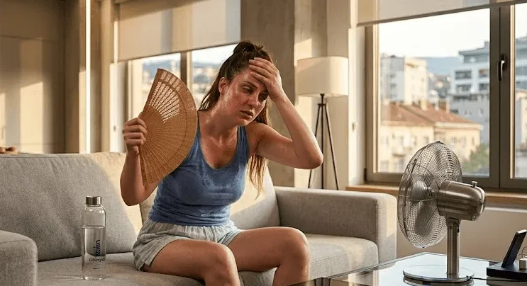 Žena vidno iscrpljena od vrućine, sjedi na kauču, drži lepezu i hladi se ventilatorom.