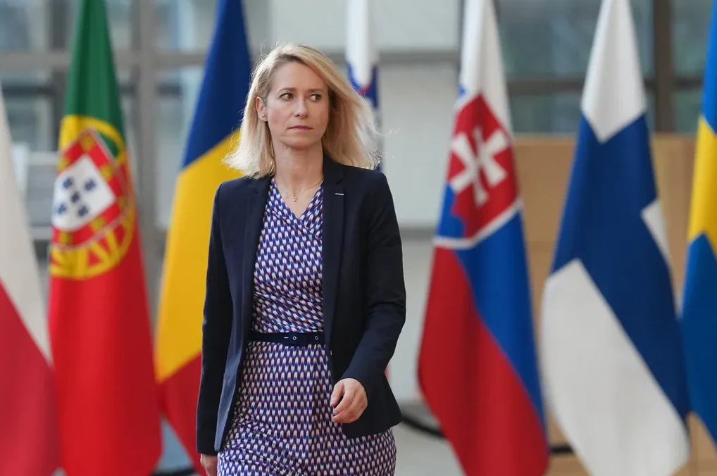 Političarka u tamnoplavom sakou i šarenoj haljini, sa zlatnim nakitom, hoda ispred zastava Portugalije, Rumunije, Slovačke, Finske i Švedske.