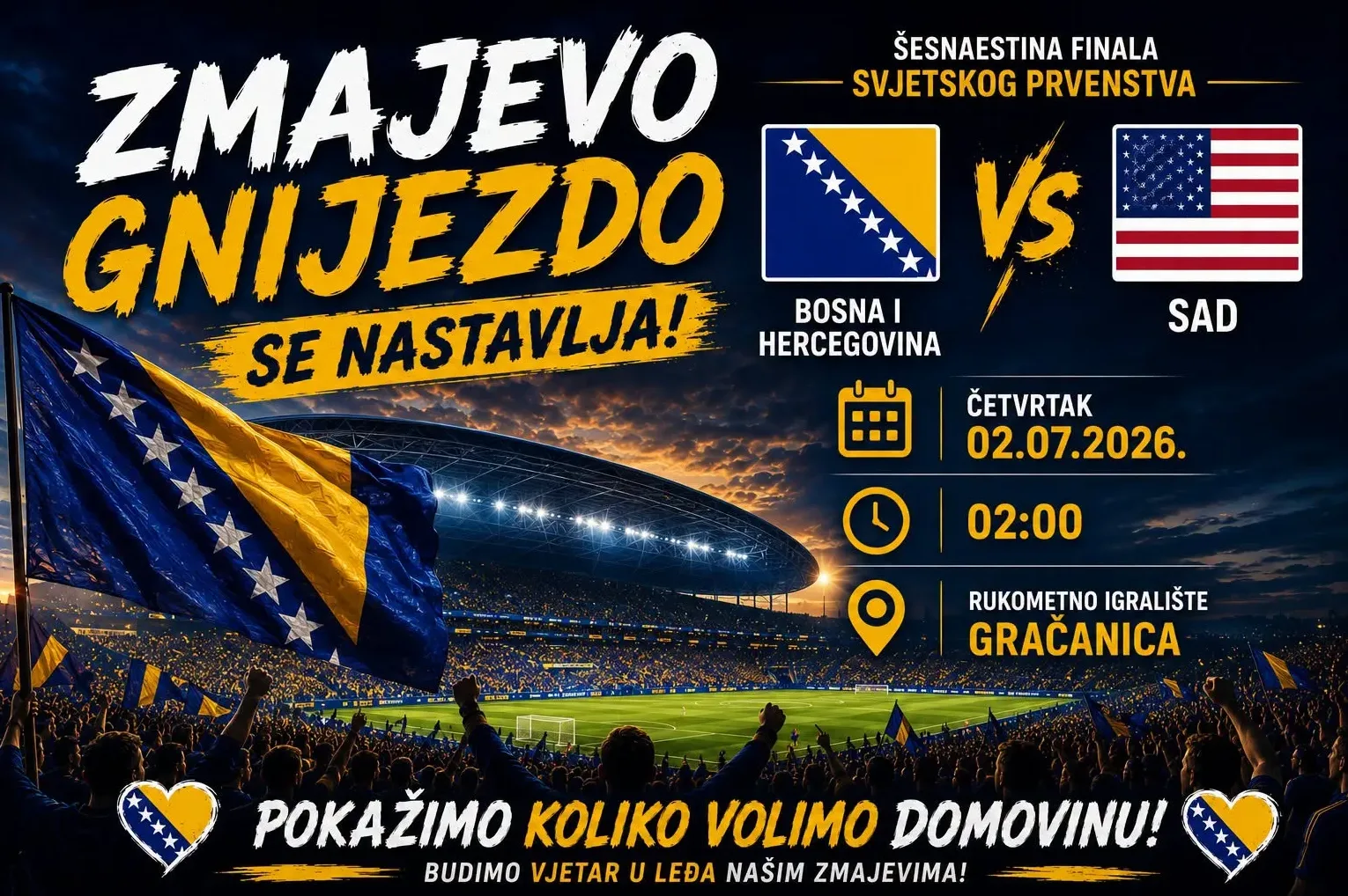 Grafički prikaz utakmice Svjetskog prvenstva u rukometu između Bosne i Hercegovine i SAD-a, sa zastavama, stadionom i detaljima o utakmici.