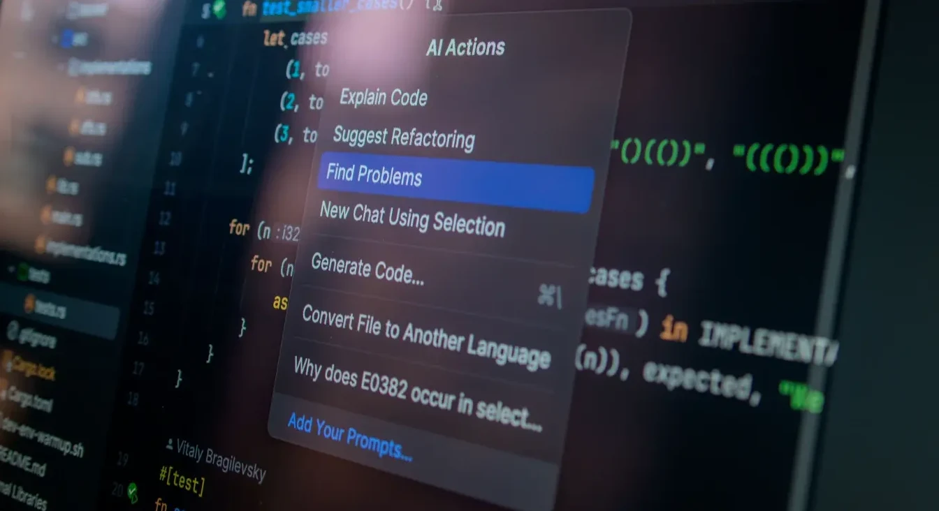 Računarski ekran sa kodom i iskačućim menijem 'AI Actions' gdje je opcija 'Find Problems' aktivna.