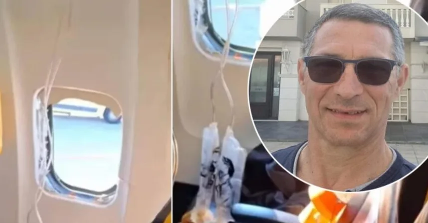 Slomljen prozor aviona s vidljivim maskama za kiseonik koje vise, te portret muškarca sa sunčanim naočalama.