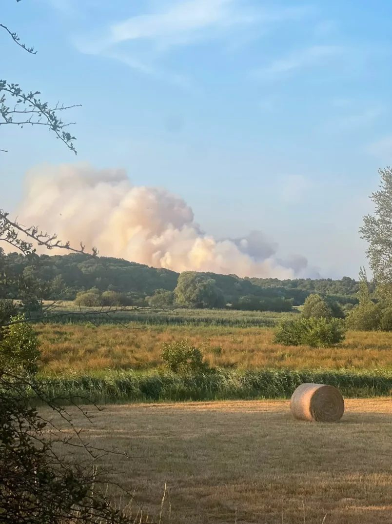 Dimni stubovi iznad šume, na zlatnom polju vidi se okrugli bal sena.