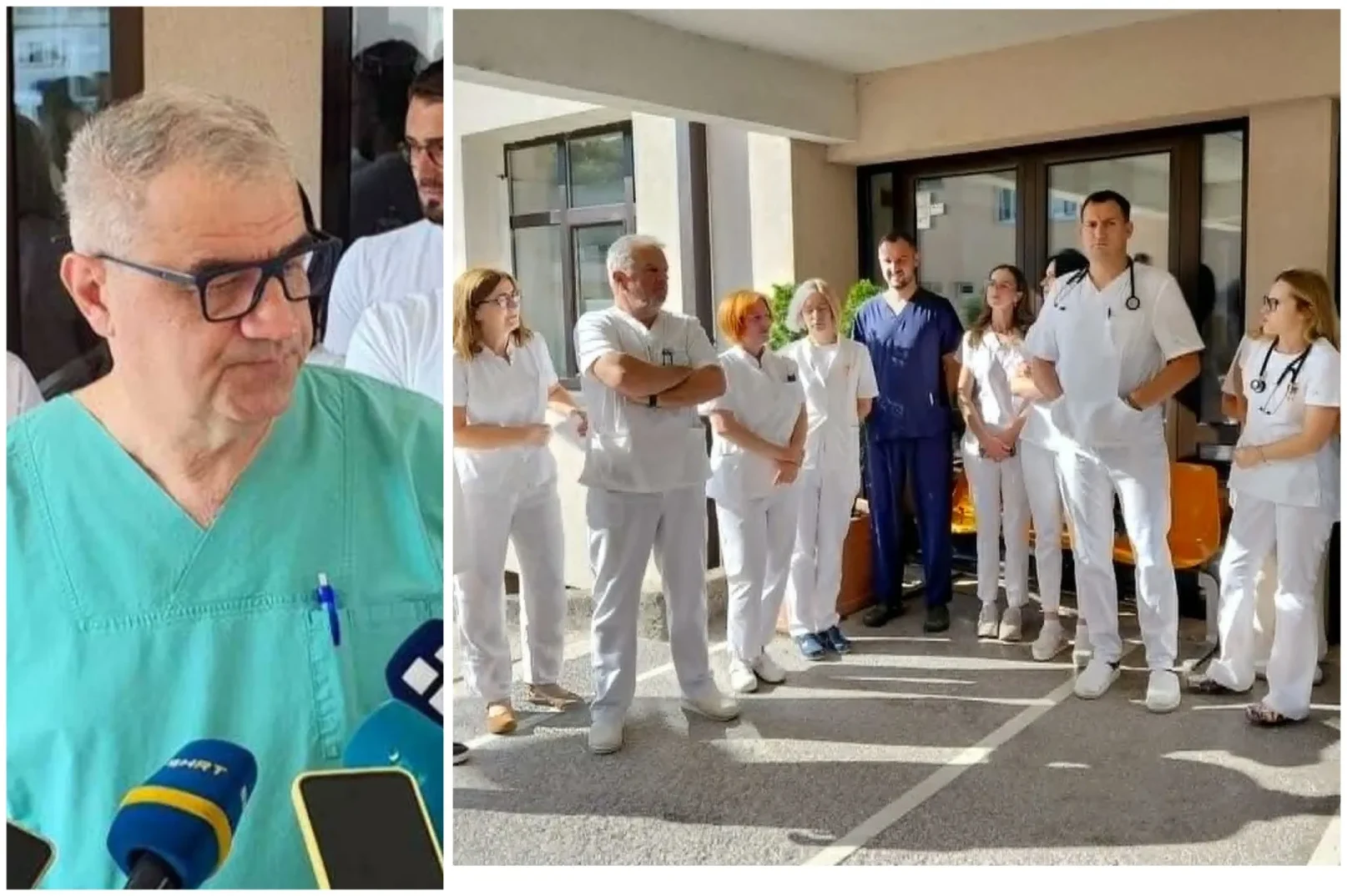Ljudi u bijelim i plavim uniformama medicinskih radnika stoje ispred zgrade.
