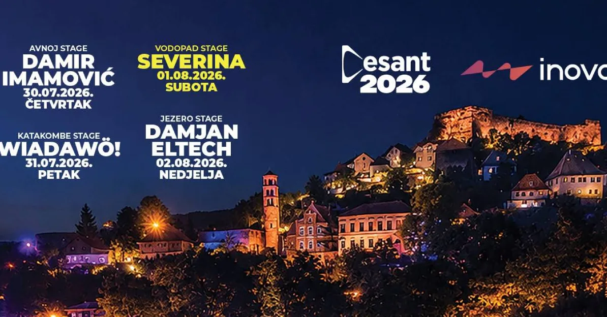 Poziv na festival 2026. sa imenima izvođača i datumima nastupa, te logotipima "Desant 2026" i "inova"