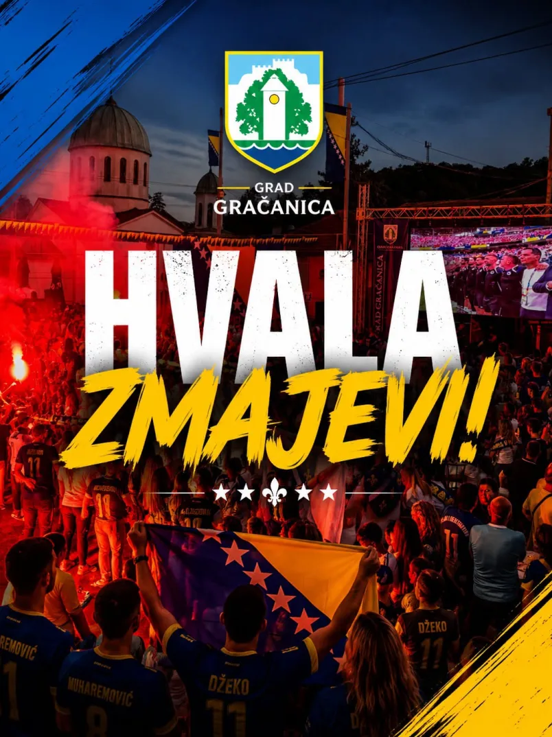 Zastava Bosne i Hercegovine u rukama navijača sa natpisom 'Hvala Zmajevi!' i grbom Grada Gračanica.