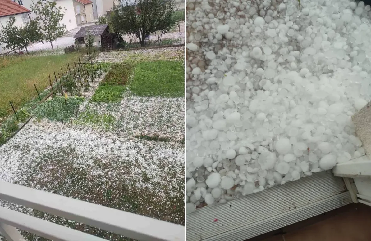 Grupacija fotografija koja prikazuje dvorište prekriveno gradom.