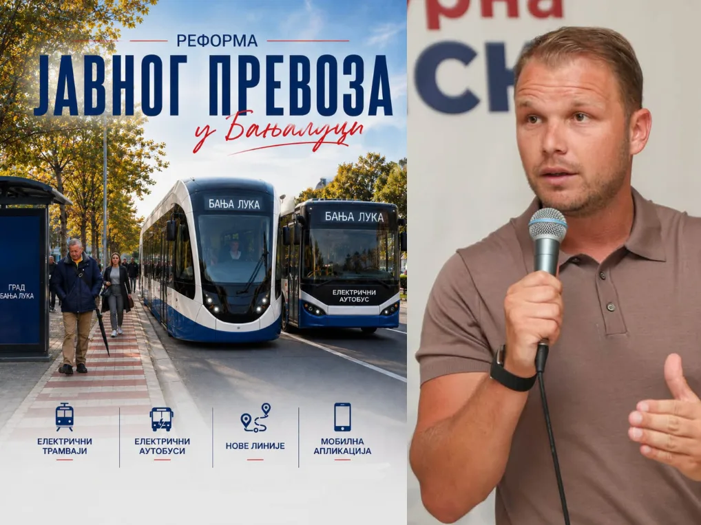 Grafički prikaz poboljšanja javnog prevoza u Banjoj Luci sa slikom gradonačelnika Draška Stanivukovića.