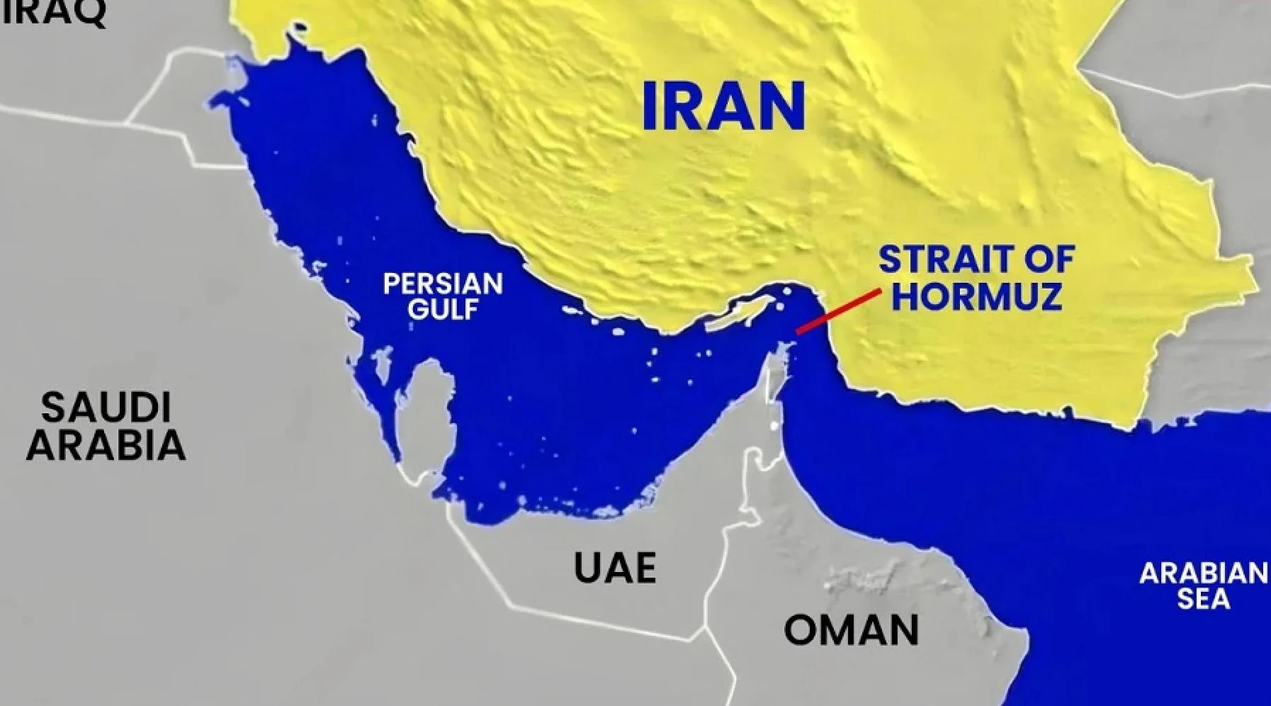 Mapa koja prikazuje Hormuški tjesnac, Iran, Perzijski zaljev, Ujedinjene Arapske Emirate, Oman, Saudijsku Arabiju i Arapsko more.