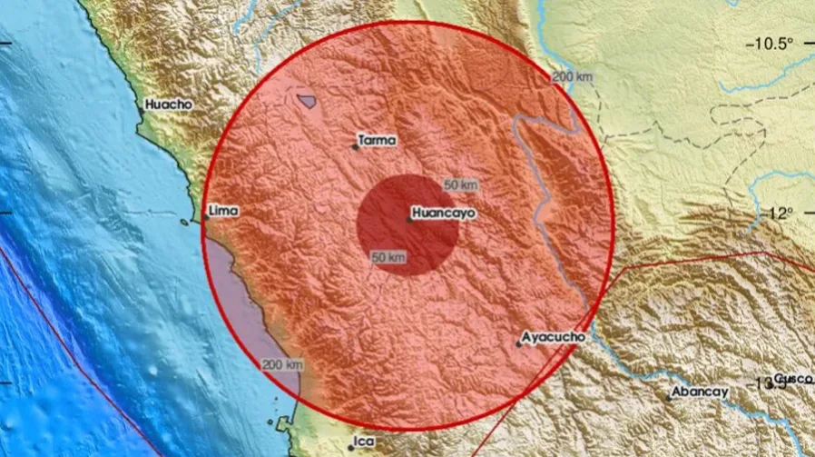 Mapa Perua sa označenim epicentrom zemljotresa u blizini Huancaya
