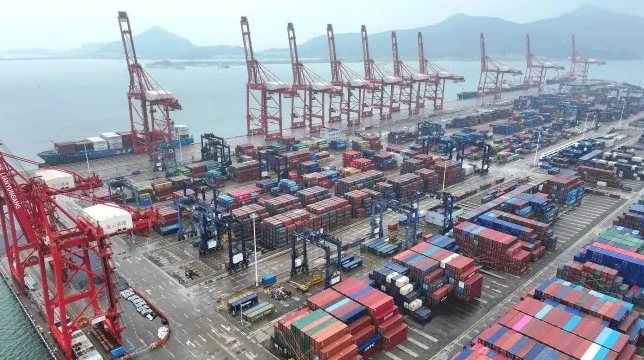 Veliki kontejnerski terminal sa mnoštvom redova isprepletenih kontejnera različitih veličina i boja. Nekoliko velikih crvenih lučkih kranova nalaze se uz obalu gdje je usidren teretni brod.