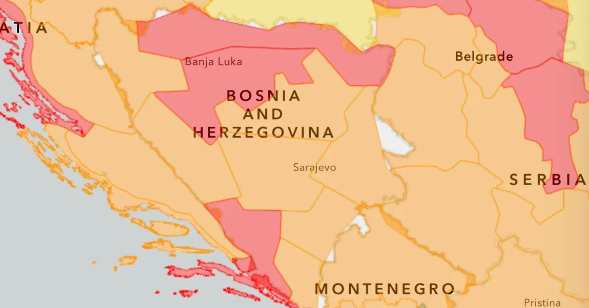 Karta Bosne i Hercegovine, Hrvatske, Srbije i Crne Gore sa ucrtanim gradovima i granicama