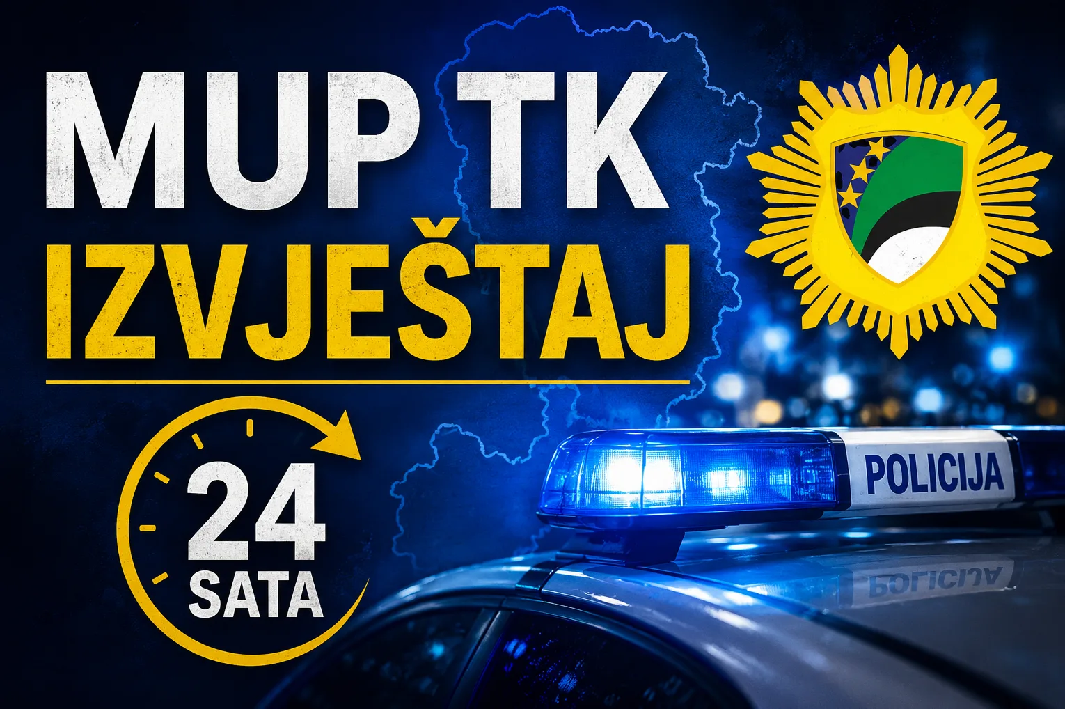 Grb Ministarstva unutrašnjih poslova Tuzlanskog kantona (MUP TK) iznad policijskog vozila s uključenom rotacijom.