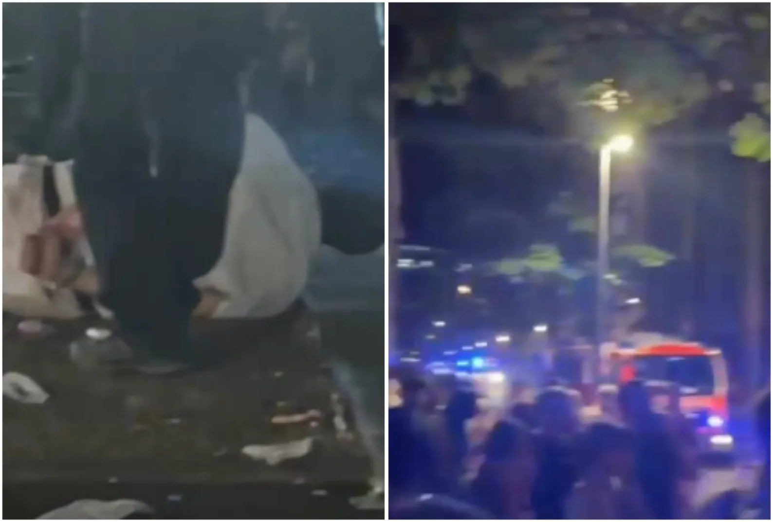 Slika prikazuje podijeljeni kadar: lijevo je snimak izbliza na osobu koja kleči na tlu okružena smećem, a desno je noćna scena ulice sa mnoštvom ljudi, upaljenim uličnim svjetlom i vozilom hitne pomoći ili vatrogasnim vozilom sa uključenim plavim rotacijama.