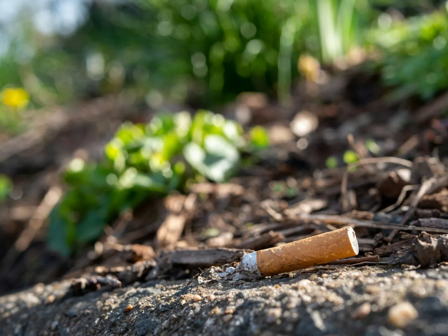 Opušak od cigarete leži na zemlji, blizu kamenja i suhog lišća, sa zelenilom u pozadini.