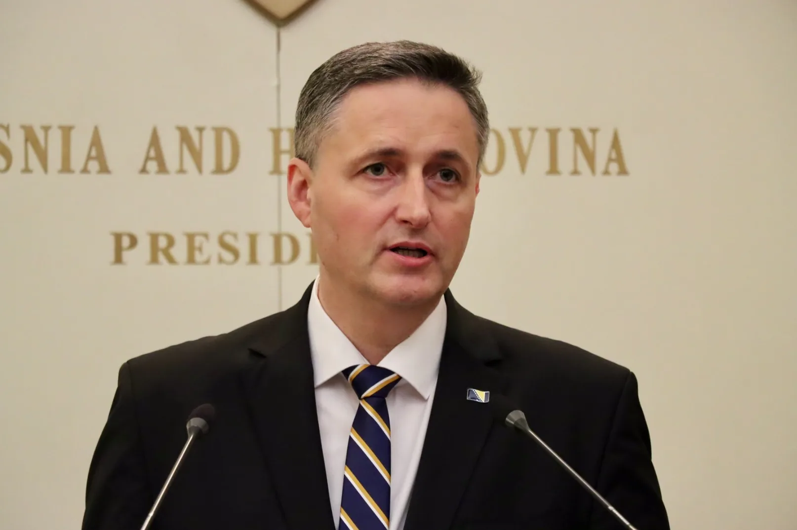 Čovjek u crnom odijelu i kravati sa zastavicom Bosne i Hercegovine na reveru stoji za govornicom.