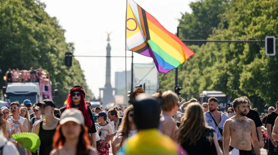Ljudi marširaju na Pride paradi noseći zastave, uključujući LGBTQ+ zastavu s prelivom boja i zastavu interseksualnih osoba.