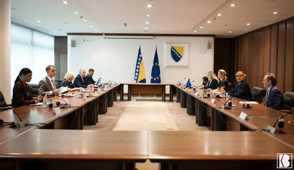 Skupina zvaničnika sjedi za dugim stolom u sali za sastanke, uz zastave Bosne i Hercegovine i Evropske unije.