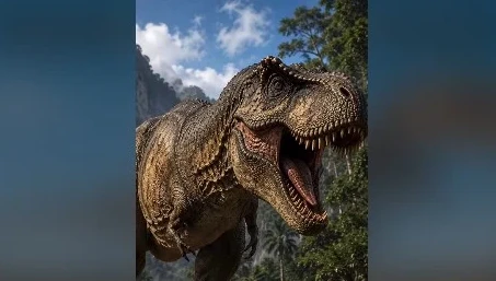 Fotografija realistačnog Tiranozaura reksa sa otvorenim ustima i oštrim zubima.
