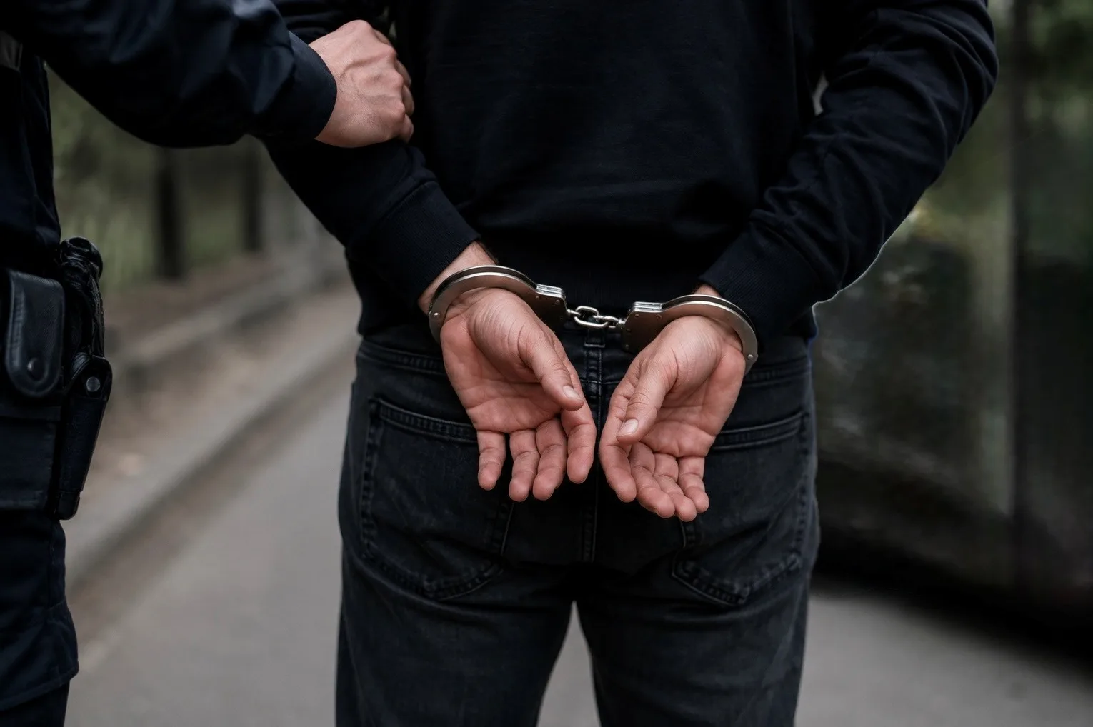 Osoba sa lisicama na rukama, iza leđa, u pratnji policijskog službenika.