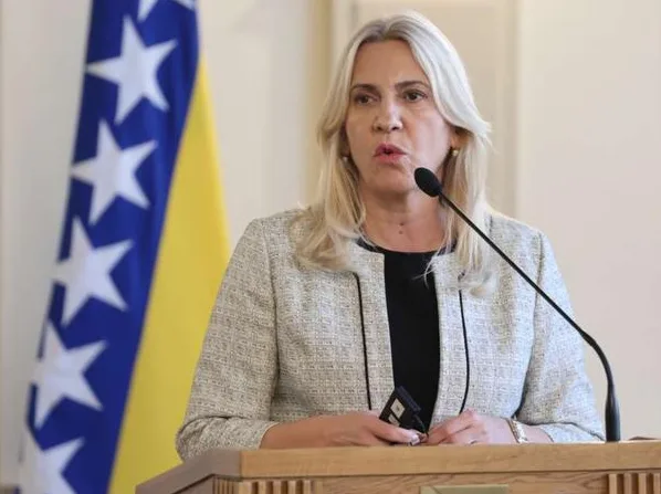 Žena sa plavom kosom govori iza govornice, sa zastavom Bosne i Hercegovine u pozadini.