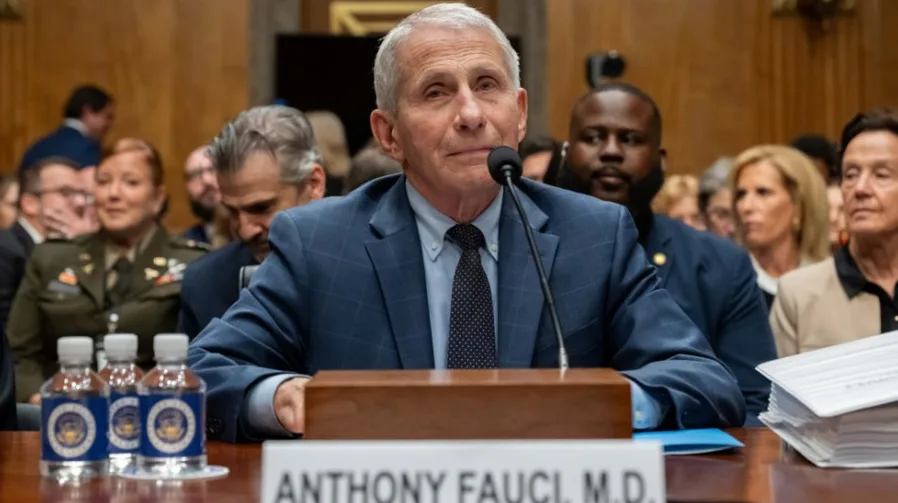 Dr. Anthony Fauci, M.D., svjedoči pred senatskim odborom, sjedeći za stolom sa mikrofonom i nizom boca vode ispred sebe.