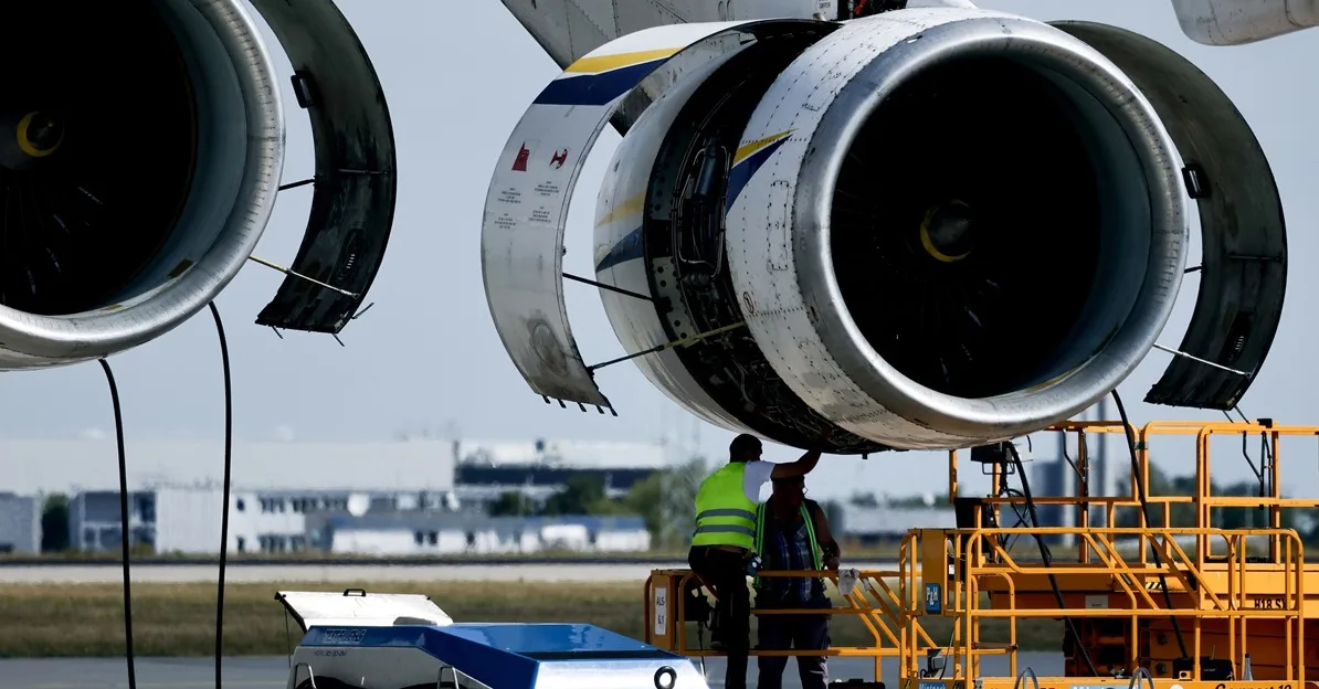 Radnici vrše inspekciju i servis turbinskih motora aviona na aerodromu.