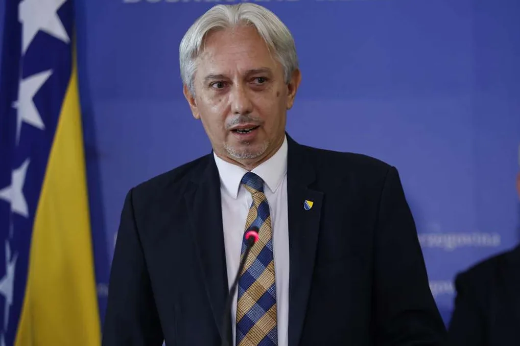 Bosanski političar u tamnom odijelu i sa šarenom kravatom govori za mikrofonom, a u pozadini se nalaze zastava Bosne i Hercegovine i plavi zid s natpisom.