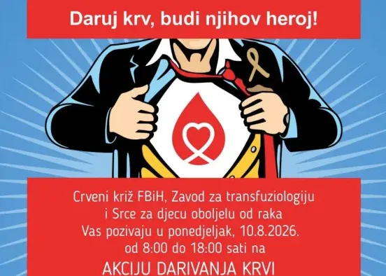 Ilustracija muškarca u odijelu koji otvara košulju pokazujući simbol kapi krvi sa srcem, uz poruku 'Daruj krv, budi njihov heroj!' i poziv na akciju darivanja krvi.