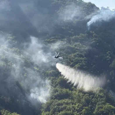 Helikopter koji izbacuje vodu na goruću šumu.