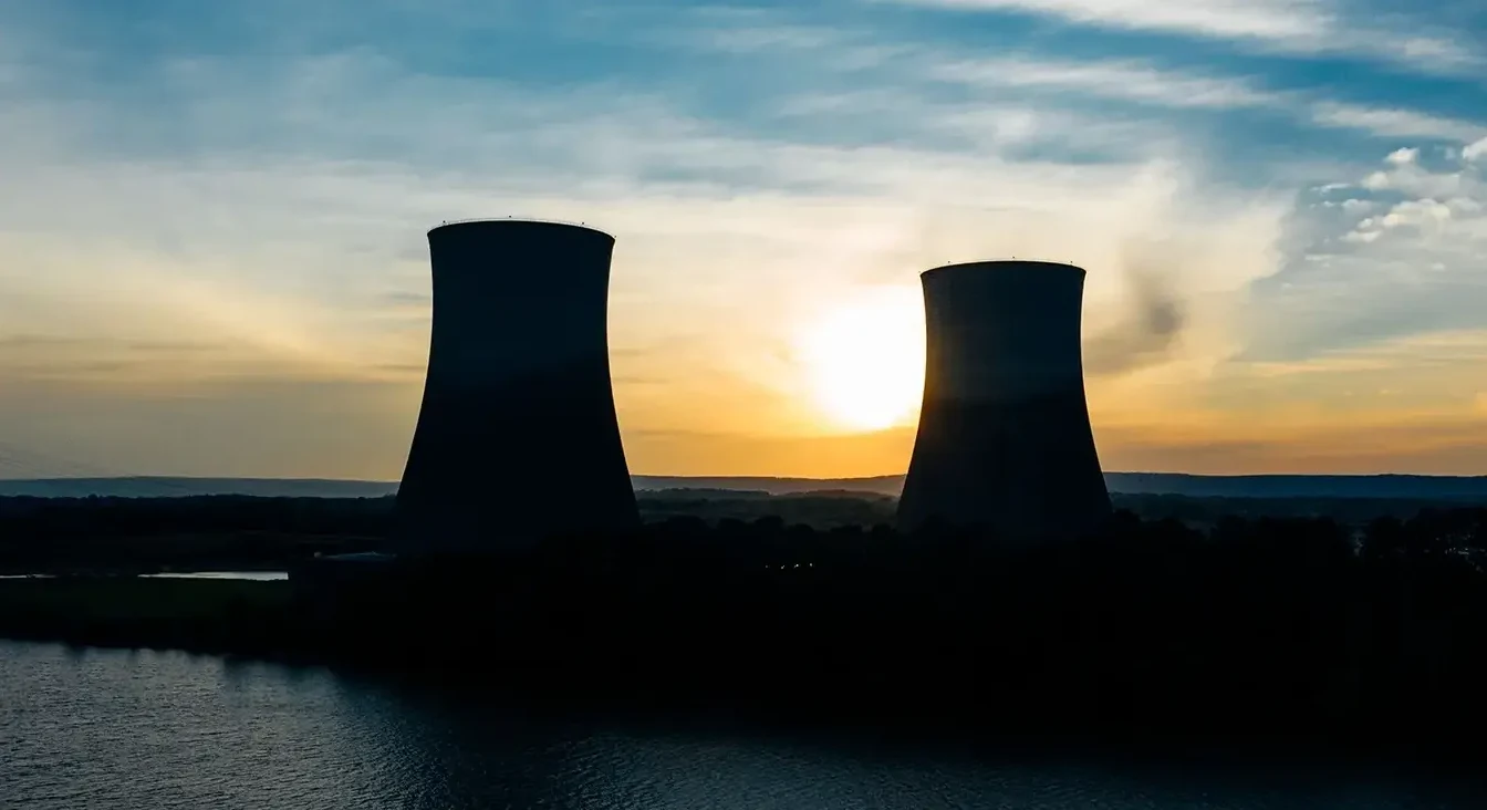 Siluete dva velika rashladna tornja nuklearne elektrane nasuprot zalasku sunca.