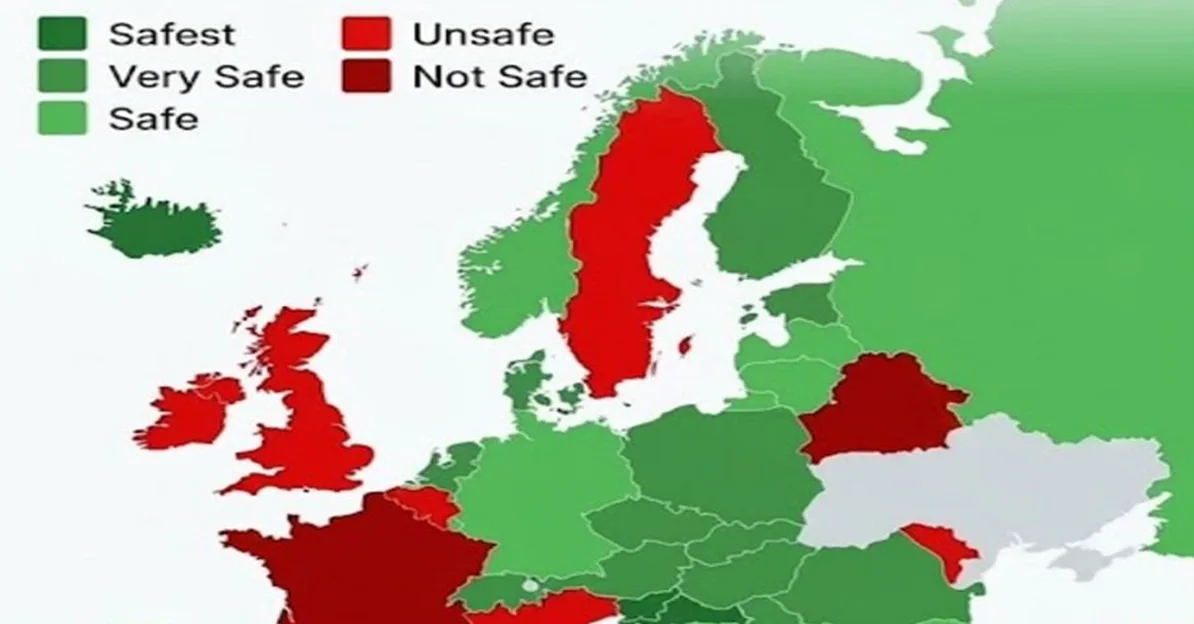 Mapa Evrope sa označenim stepenom bezbjednosti država. Zelena boja označava bezbjedne zone (Safest, Very Safe, Safe), dok crvena označava nesigurne zone (Unsafe, Not Safe).
