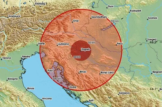 Karta koja prikazuje epicentar zemljotresa u Zagrebu sa kružnicama koje označavaju radijus od 50 km i 200 km.