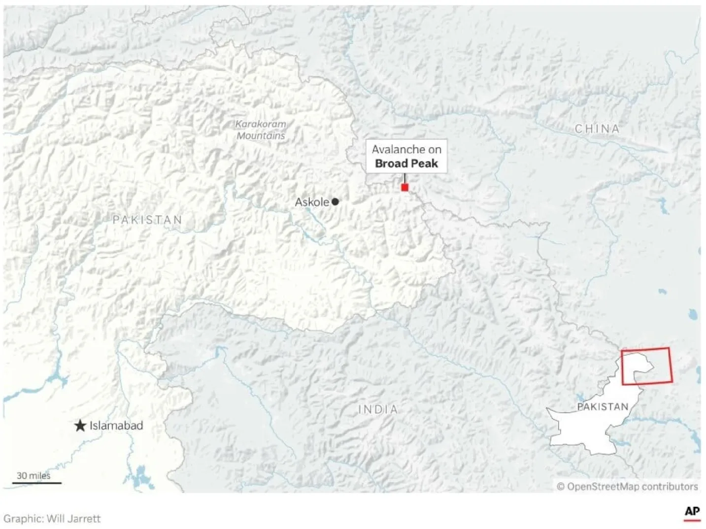 Mapa Pakistana sa označenim Broad Peakom i lokacijom lavine