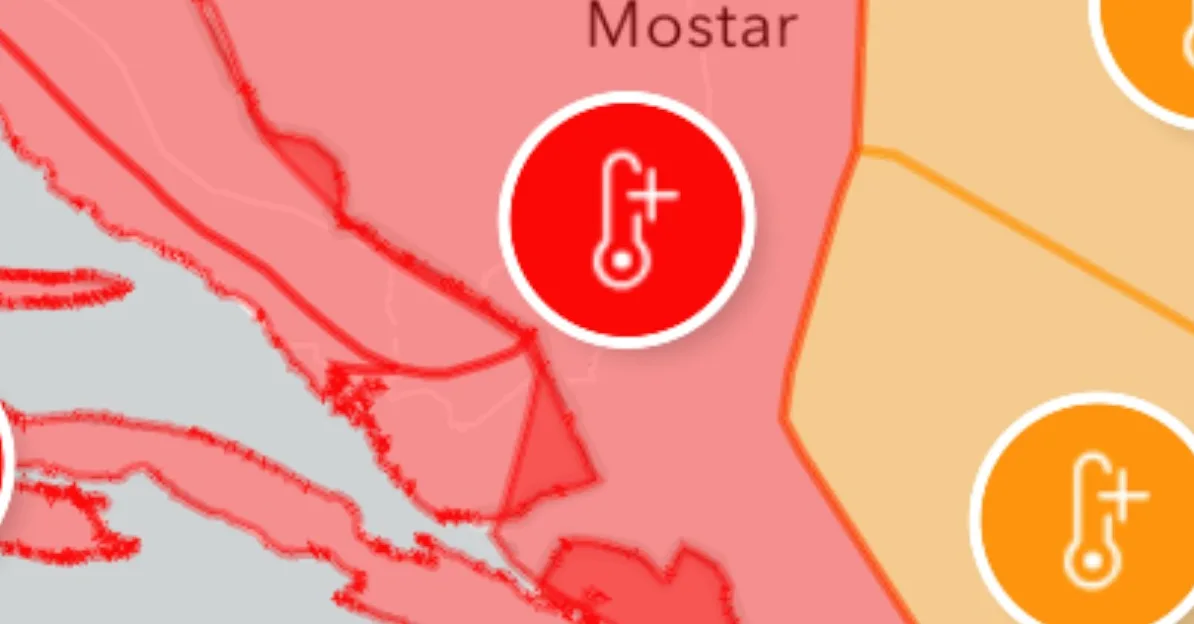 Ikona termometra sa znakom plusa, prikazuje visoke temperature u Mostaru i okolini.