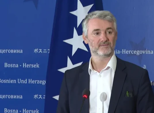 Političar sa sijedom kosom i bradom u tamnom odijelu sa bijelom košuljom stoji ispred zastave Bosne i Hercegovine.