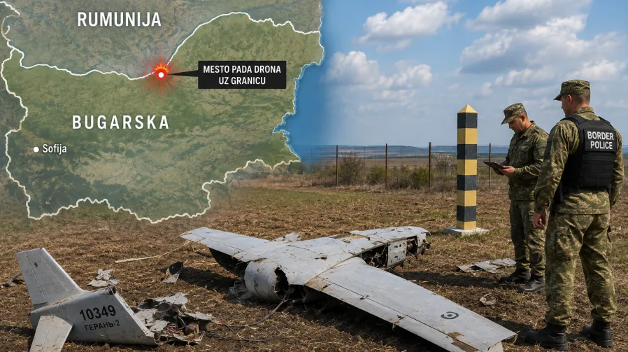 Ostaci drona "Gerań-2" na tlu, uz granicu Bugarske i Rumunije, sa dvojicom graničara koji ispituju situaciju.