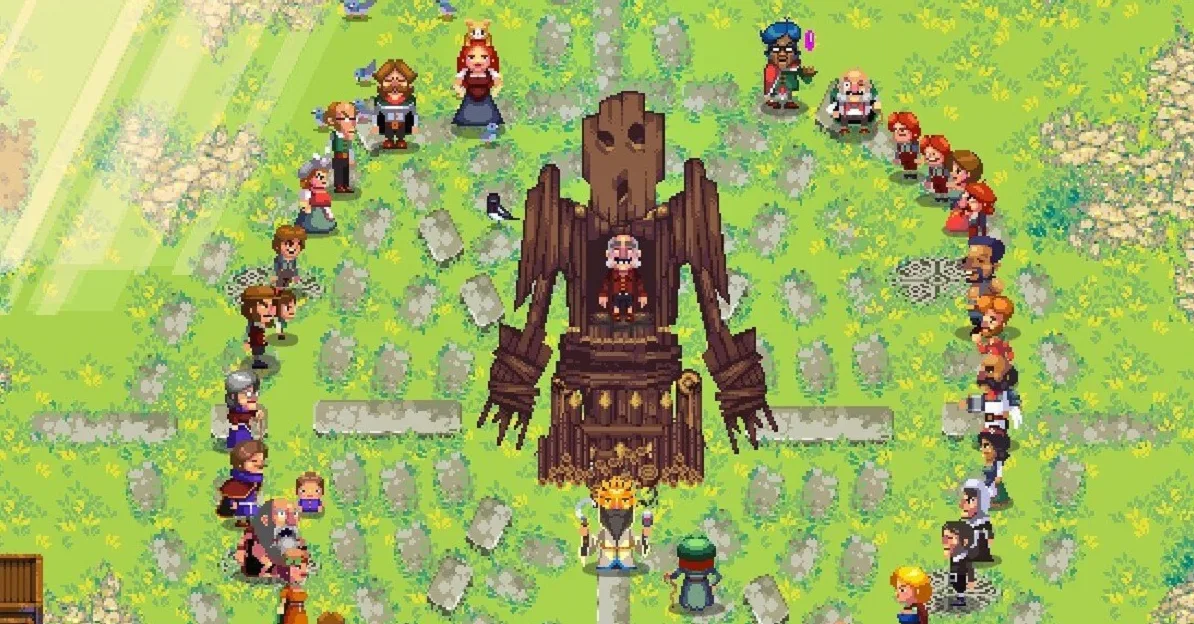 Pixel art scena: Drveni divovski lik stoji u sredini okružen polukrugom ljudi različitih likova. Scena podsjeća na igru ili fantasy okruženje.