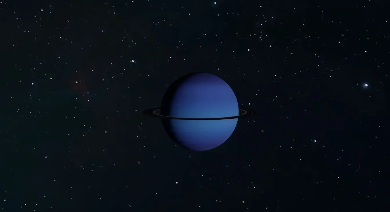 Plavi planet sa prstenovima koji lebdi u tamnom svemiru ispunjenom zvijezdama.